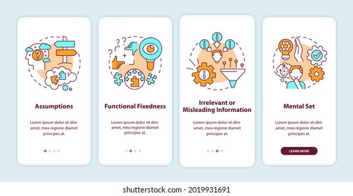 Problem solving obstacles onboarding mobile app page screen with concepts. Mental block walkthrough 5 steps graphic instructions. UI, UX, GUI vector template with linear color illustrations
