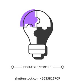 Problem solving offset shadow line icon. Puzzle solution, idea lightbulb. Business process. Brainstorm, thinking. Bold outline symbol with solid purple fill. Modern flat illustration. Editable stroke