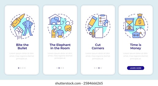 Problem solving onboarding mobile app screen. Risk management Walkthrough 4 steps editable graphic instructions with linear concepts. UI, UX, GUI template