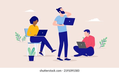 Solución de problemas - Equipo de tres empresarios diversos que trabajan en computadoras se concentran y concentran. Ilustración vectorial de diseño plano