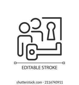 Problem solving pixel perfect linear icon. Collaborating on work project for group objective. Thin line illustration. Contour symbol. Vector outline drawing. Editable stroke. Arial font used
