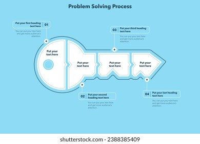 Problemlösungsprozess-Infografik mit vier Schritten - blaue Version. Einfache flache Vorlage für die Visualisierung von Projektdaten.