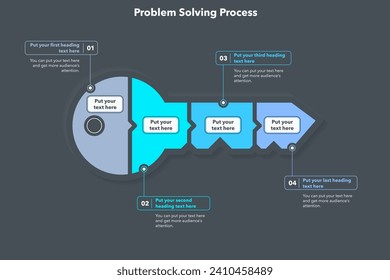 infografía de proceso de resolución de problemas con cuatro pasos - versión oscura. Plantilla plana simple para la visualización de datos del proyecto.