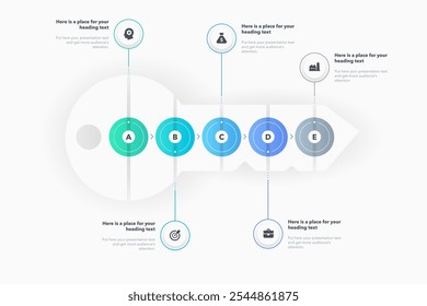 Modelo infográfico de processo de resolução de problemas com cinco etapas e uma chave como símbolo principal. Diagrama plano moderno para visualização de dados de projeto.