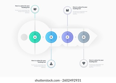Problem solving process infographic template with four steps and a key as a main symbol. Modern flat diagram for project data visualization.