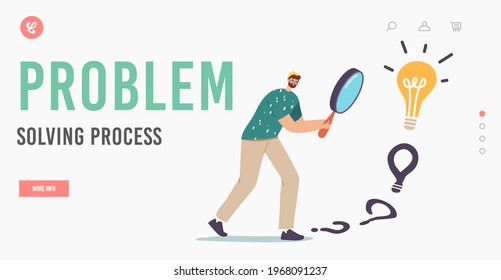 Problem Solving Process Landing Page Template. Male Character with Huge Magnifier in Hands Finding Answer Walking to Huge Light Bulb. Businessman Search Creative Idea. Cartoon Vector Illustration