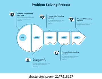 Plantilla de proceso de resolución de problemas con cinco pasos y una clave como símbolo principal - versión azul. Diapositiva para presentación de negocios.