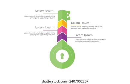 Plantilla de proceso de resolución de problemas con cuatro pasos y una clave como símbolo principal. Diseño gráfico plano.