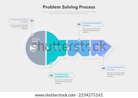 Problem solving process template with four steps and a key as a main symbol. Flat infographic design.
