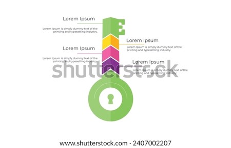 Problem solving process template with four steps and a key as a main symbol. Flat infographic design.