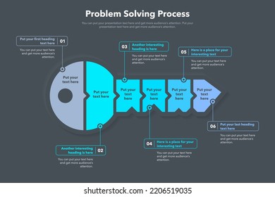 Problem solving process template with six steps and a key as a main symbol - dark version.