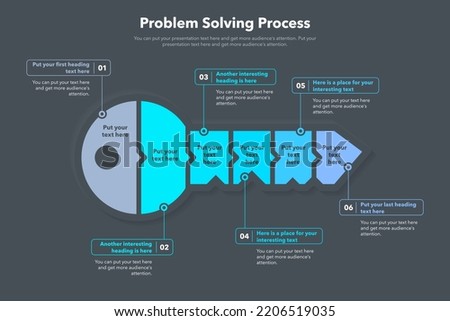 Problem solving process template with six steps and a key as a main symbol - dark version.