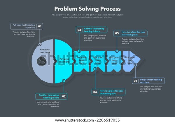 Problem solving process template with six\
steps and a key as a main symbol - dark\
version.