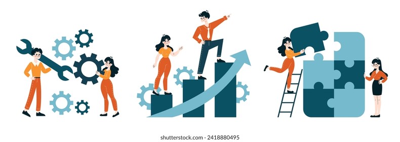 Problem Solving and Progress set. Team fixing issues and climbing success ladder. Conceptualizing solutions, overcoming challenges, completing tasks. Flat vector illustration