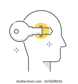 Problem solving related color line vector icon, illustration. The icon is about key, lock, new skills, solution, brain, brain storming, avatar, face. The composition is infinitely scalable.