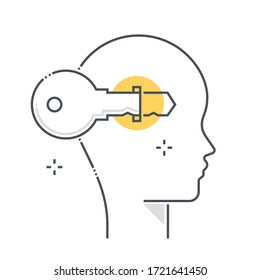 Problem solving related color line vector icon, illustration. The icon is about key, lock, new skills, solution, brain, brain storming, avatar, face. The composition is infinitely scalable.