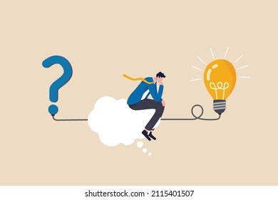 Problem solving skill, critical thinking or finding solution to solve problem, answer question, creativity or imagination, businessman on thinking bubble connect question mark to lightbulb solution.