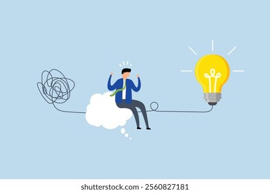 Problem solving skill, entrepreneur in thought cloud linking question mark to lightbulb answer. 
