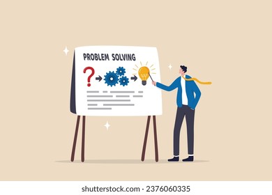 Problem solving skill, idea to solve difficulty challenge, process or procedure to fix problem, information to achieve goal concept, businessman present problem solving procedure on whiteboard.