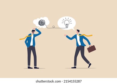 Problem solving skill to think of solution, creativity to solve difficult issue, resolution or coaching to help trouble, confused businessman with messy thinking with other giving lightbulb solution. - Shutterstock ID 2154155287
