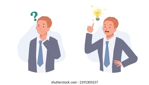 Problem solving skill to think of solution, creativity to solve, confused businessman thinking then got idea. vector illustration