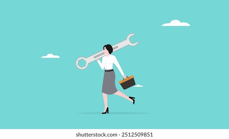 problem solving skill, women's leadership or gender equality in the world of work, businesswoman carrying big keys and toolbox