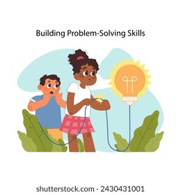 Problem solving skills concept. Curious children connecting circuit to light bulb. Sparking innovation and critical thinking. Learning to find creative solutions to issues. Flat vector illustration