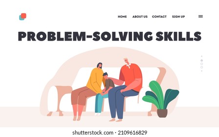 Problem Solving Skills Landing Page Template. Parents Support their Child, Father and Mother Comforting Upset Kid. Sad Son Sit on Sofa with Mom and Dad Characters. Cartoon People Vector Illustration