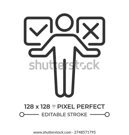 Problem solving skills pixel perfect line icon. Decision making, strategic selection. Self assessment. Isolated vector illustration. Outline symbol. Simple linear drawing. Editable stroke