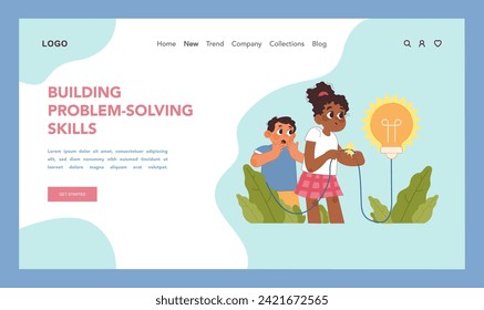 Problem solving skills set. Curious children connecting circuit to light bulb. Sparking innovation and critical thinking. Learning to find creative solutions to issues. Flat vector illustration