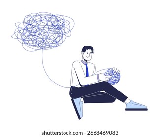 Problema de resolução de habilidades soft no local de trabalho conceito de ilustração 2D. Psicologia cognitiva. Homem corporativo desembaraçar pensamentos em personagem de desenho animado de clareza isolado no branco. Metáfora vetorial abstrata plana