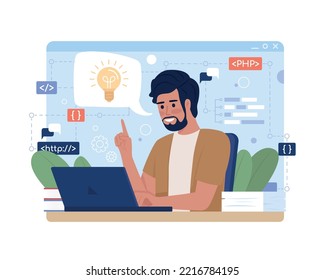 Problemlösung in der Softwareentwicklung 2D Vektorgrafik isoliert. Lösung implementieren. Programmierer-flache Figur auf Cartoon-Hintergrund. Farbige bearbeitbare Szene für Mobil, Website, Präsentation