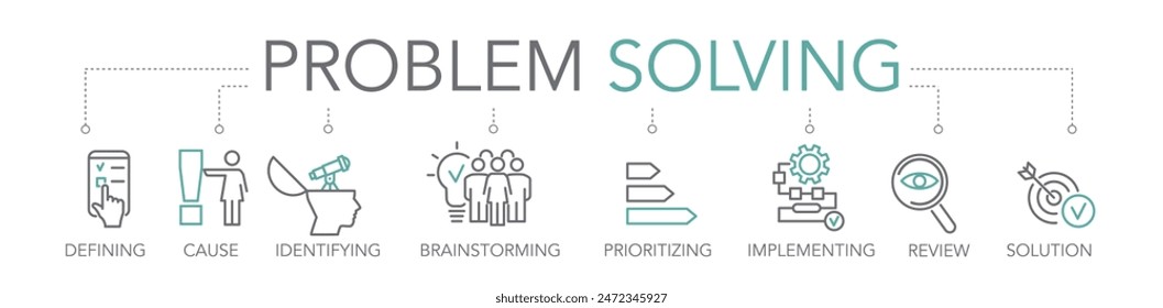 Problem solving - solution concept. Keywords and editable thin line vector icons two-tone