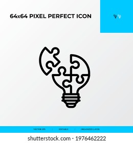 Problem Solving And Solution Icon Concept. Light Blub In Puzzle Piece.  Vector Line Icon Style.