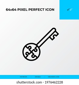 Problem solving and Solution Icon Concept. Key with circle in puzzle piece.  vector line icon style.