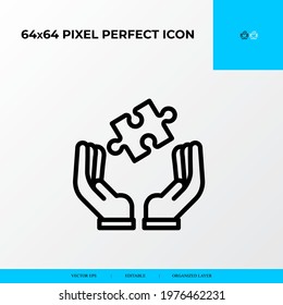 Problem solving and Solution Icon Concept. hand and piece of puzzle.  vector line icon style.