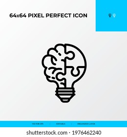 Problem Solving And Solution Icon Concept. Light Blub In Puzzle Piece With A Brain. Vector Line Icon Style.