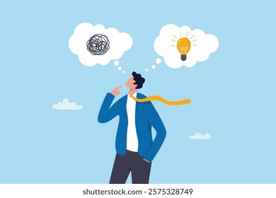 Problem solving, solution or strategic thinking, creativity to solve frustrated problem, contemplation on messy issue, opportunity discovery, businessman thinking with mess problem and lightbulb idea.