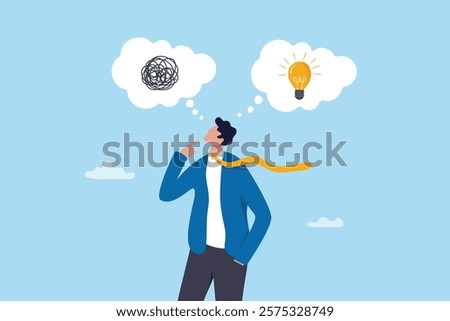Problem solving, solution or strategic thinking, creativity to solve frustrated problem, contemplation on messy issue, opportunity discovery, businessman thinking with mess problem and lightbulb idea.