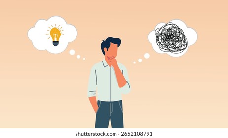 
Solução de problemas, pensamento de solução, tomada de decisão estratégica, conceito de inovação vs confusão, contemplação, criatividade na resolução de questões complexas, empresário comparando bagunça e ideia de lâmpada.