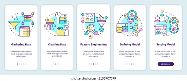 Problem solving steps in machine learning onboarding mobile app screen. Walkthrough 5 steps graphic instructions pages with linear concepts. UI, UX, GUI template. Myriad Pro-Bold, Regular fonts used