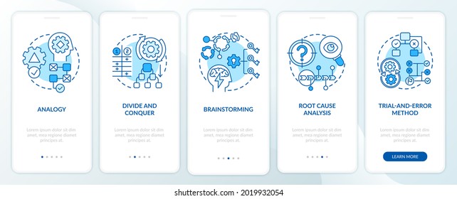Problem solving strategies blue onboarding mobile app page screen with concepts. Creative thinking walkthrough 5 steps graphic instructions. UI, UX, GUI vector template with linear color illustrations