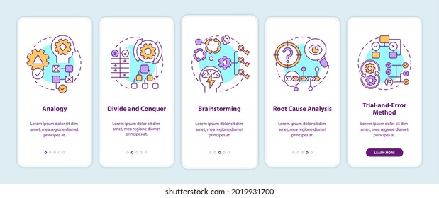 Problem solving strategies onboarding mobile app page screen with concepts. Creative thinking walkthrough 5 steps graphic instructions. UI, UX, GUI vector template with linear color illustrations