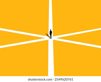 Problem solving strategy. Businessman makes a choice at a crossroads. vector