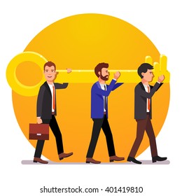 Problem solving team of business man with a key solution concept. Flat style vector illustration.