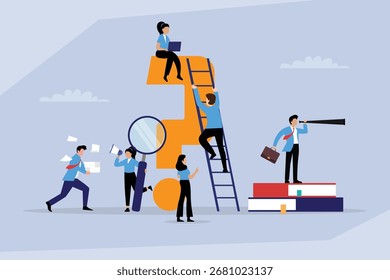 Solução de problemas e trabalho em equipe, uma equipe de pessoas trabalhando para resolver um ponto de interrogação 2d ilustração de vetor plana