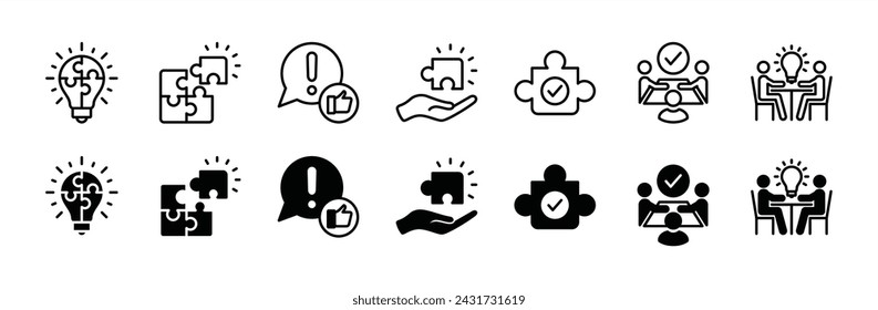 Problem solving thin line icon set. Creative business solutions containing innovation, creativity, teamwork, discussion, idea lightbulb, answer, puzzle. Vector illustration