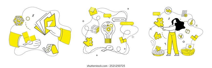 Ilustración vectorial de resolución de problemas. La lluvia de ideas y el análisis son vientos dinámicos que dirigen las soluciones de los barcos El éxito del tapiz se teje a partir de la contemplación de hilos y la resolución de problemas