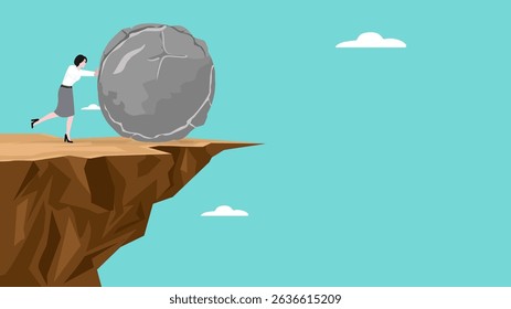 problem solving in work, relaxation to relieve anxiety from your brain, Reduce stress concept, stress management, businesswoman throws a big rock stress into the abyss vector illustration