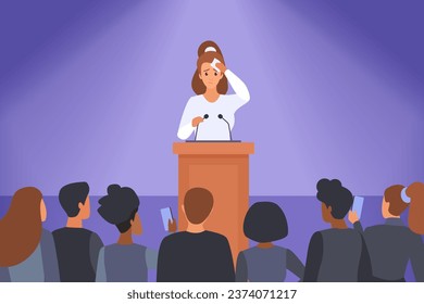 Problem of speakers fear and anxiety of public speech and events vector illustration. Cartoon young nervous shy woman lecturer standing behind podium with microphones to speak in front of audience